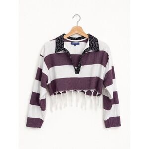Paradised Purple White Striped Cropped Fringe Hem Tunic Top Womens %100 Cotton S